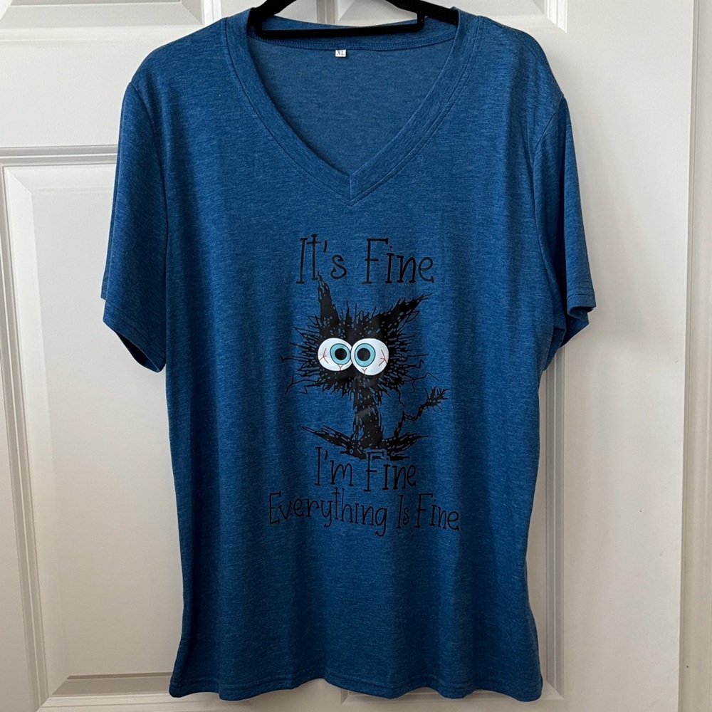 Blue V-Neck T-Shirt women’s XL Everything is Fine